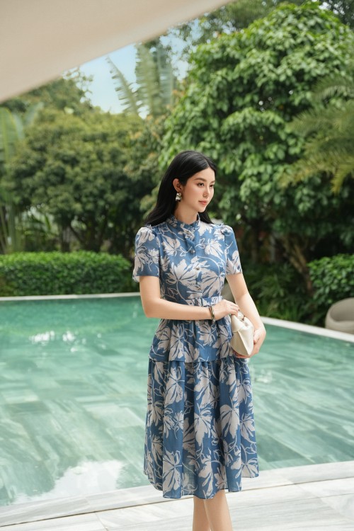 Sixdo Blue Floral Linen Flared Dress